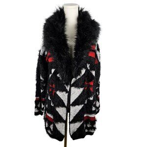 BCBGMAXAZRIA Faux Fur Trim Cardigan Sweater Large Black/Red Aztec Tribal Boho
